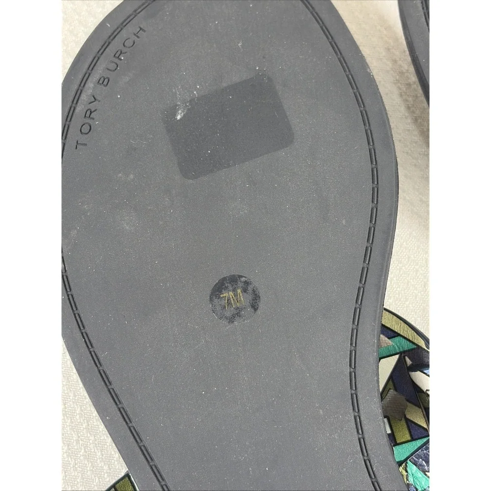 NWOB Tory Burch Miller Welt Navy‎ Green Caning Logo Miller Sandals Sz 7M